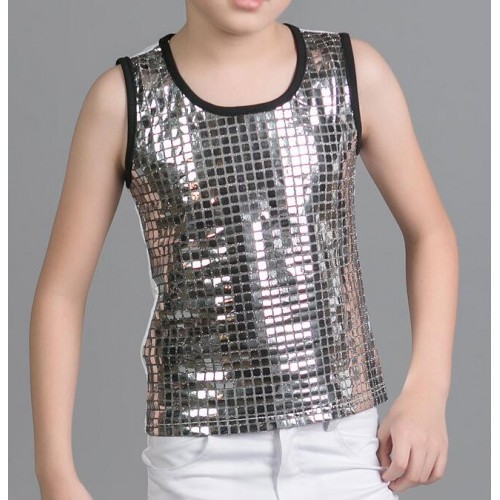 Turquoise red silver sequin hip hop dance costumes boy vest modern jazz dance costumes kids stage costumes for singers tops  